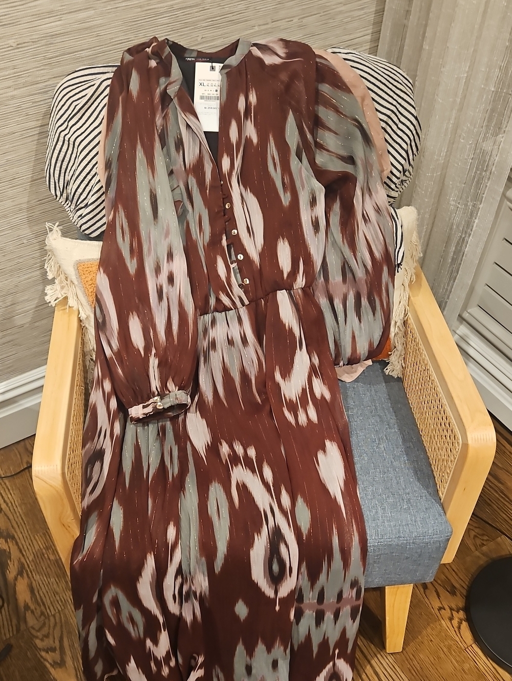 Zara New With Tags Brown & Sage Patterned Long Sleeve Maxi Dress